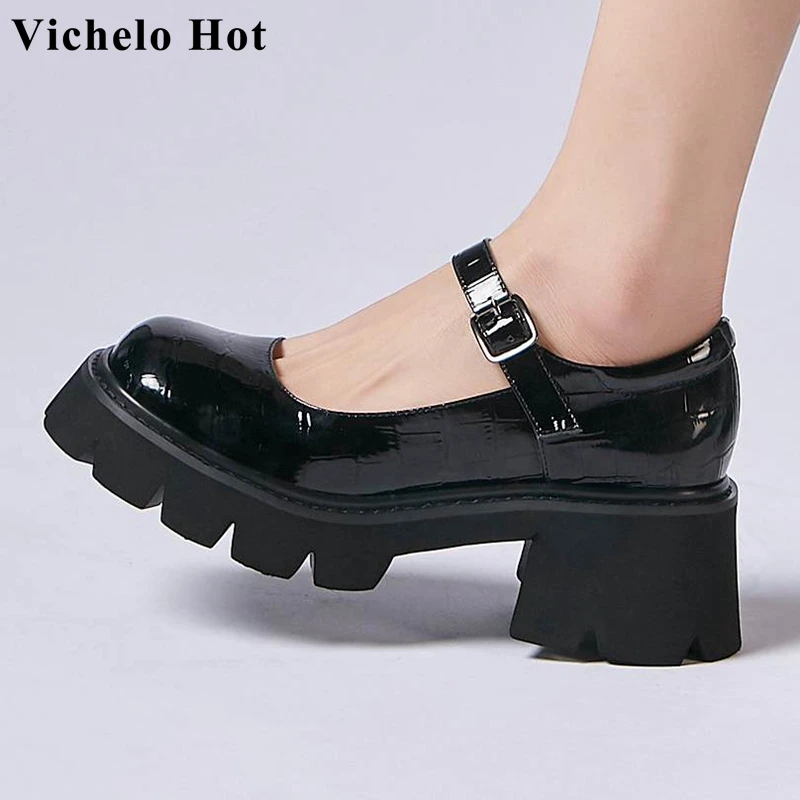 

Vichelo Hot new arrival Mary janes round toe square high heels simple style preppy style young lady buckle strap women pumps L28