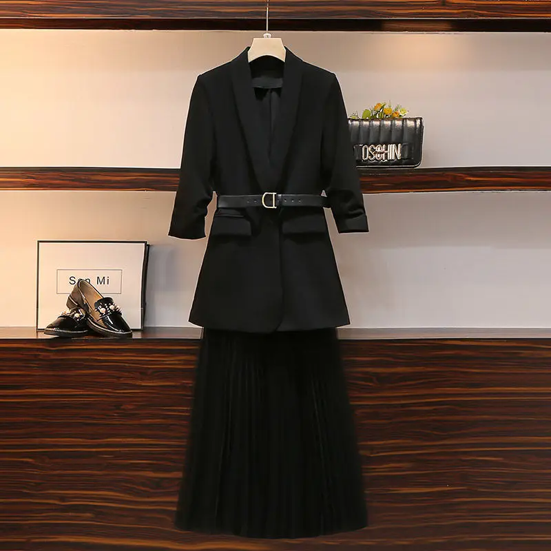 

Suit Women 2021 New Plus Size Women's Fat Sister Spring Clothes Korean Version Of The Thin Suit Jacket Mesh Skirt Two-Piece Suit