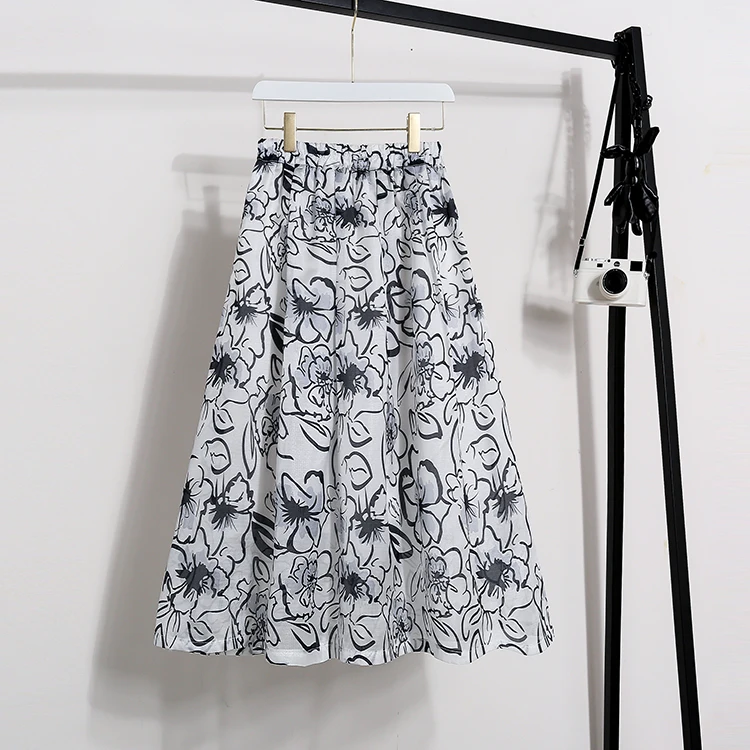 

Faldas Mujer Moda 2021 Summer Female Casual Korean Style Flower Print Pleated Skirt Elegant Retro High Waist White Woman Skirts