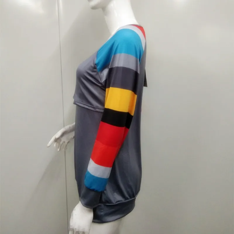 

Maternity Breastfeeding T-Shirt 2021 Spring Autumn Fashion Hot Style Round Neck Long-Sleeve Stripe Printing Women's Tops