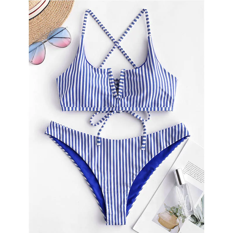 Blueberry Blue ZAFUL Бикини Двусторонняя Купальники Женщины Полосатый Бикини Спагетти Ремни Полосатый Купальник Зашнуровать Купальный Костюм - Цвет: Blueberry Blue