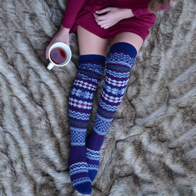 Женские зимние длинные чулки рождественские высокие вязаная Домашняя одежда