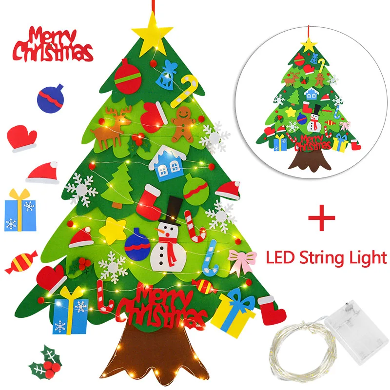 

DIY Felt Christmas Tree With LED Light String 2021 Cristmas Felt Ornament Xmas Navidad Gifts For Kids Christmas Party Decoration