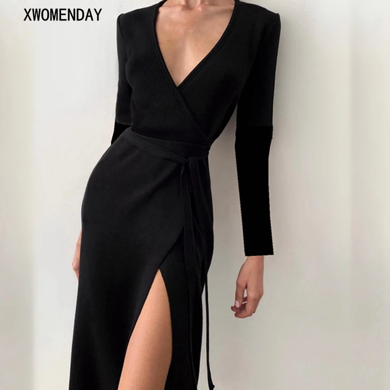 

Sexy Deep V Neck Long Sleeve Women Dress Elegant Vintage Slit Bandage Party Long Dresses Casual Spring Autumn Black Basic Dress