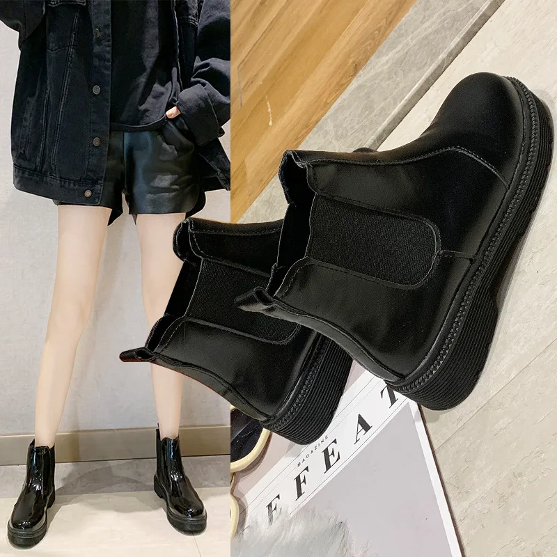 

Europe And The United States 2020 Autumn And Winter Low-heeled Lacquered Leather Women's Boots Leather Flat-bottomed Short Boots