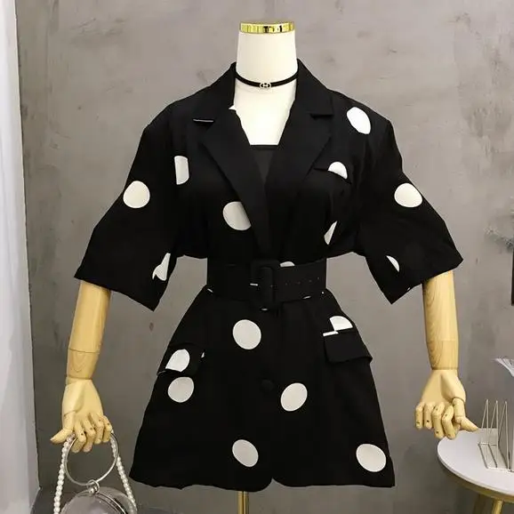Polka Dot Single Breasted Blazer Women Short Sleeve Belt 2019 Summer Mujer Notched Office Lady Jacket AE838 | Женская одежда