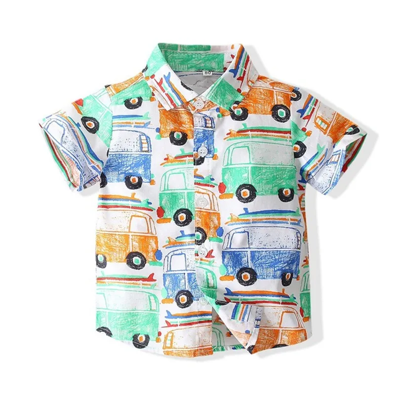 

2021 Summer New 12 M 24M 1-6 Years Europe and American Baby Toddler Kids Tops Cartoon Full Print Car Short-Sleeve Shirt For Boys