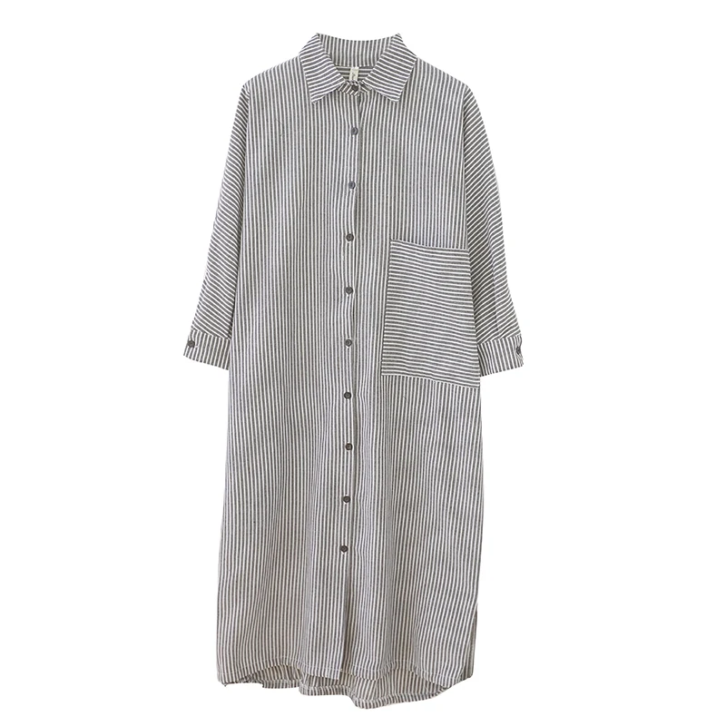 

New Striped Print Women cotton Shirt Dress Elegant Ladies Long sleeve loose long Dress Robe