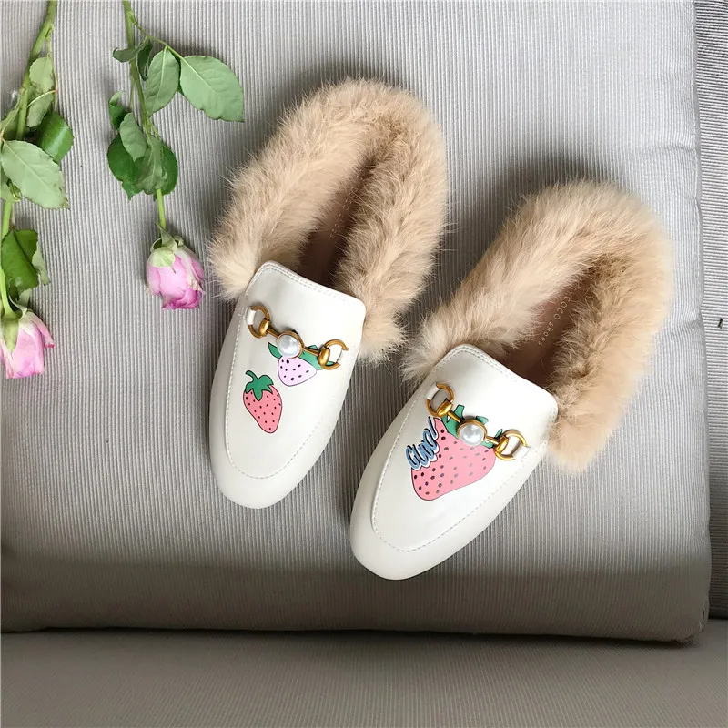 Apricot strawberry Сезон осень-зима; женские туфли без задника; Роскошная Брендовая обувь с металлической пряжкой; меховые шлепанцы; женские тапочки на плоской подошве; Лоферы без застежки - Цвет: Apricot strawberry