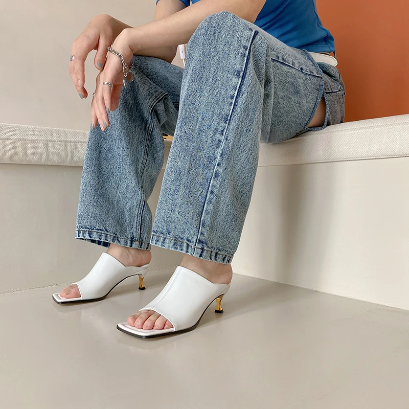 

CONASCO Women Sandals Genuine Leather Pumps Open Toe Slippers Summer 2021 High Heels Fashion Concise Elegant Casual Shoes Woman