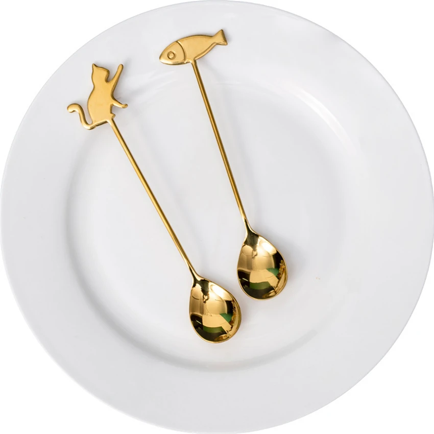 

2pcs Stainless Steel Cat Fish Shaped Coffee Spoon Teaspoon Dessert Children Spoon New Beautiful Tableware Coffee Tea Use