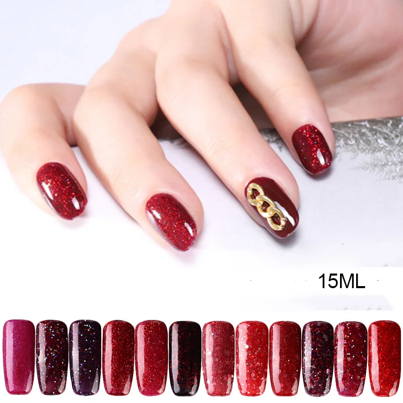 12 цветов винно красный голографический Блестящий лак для ногтей женских УФ Гель