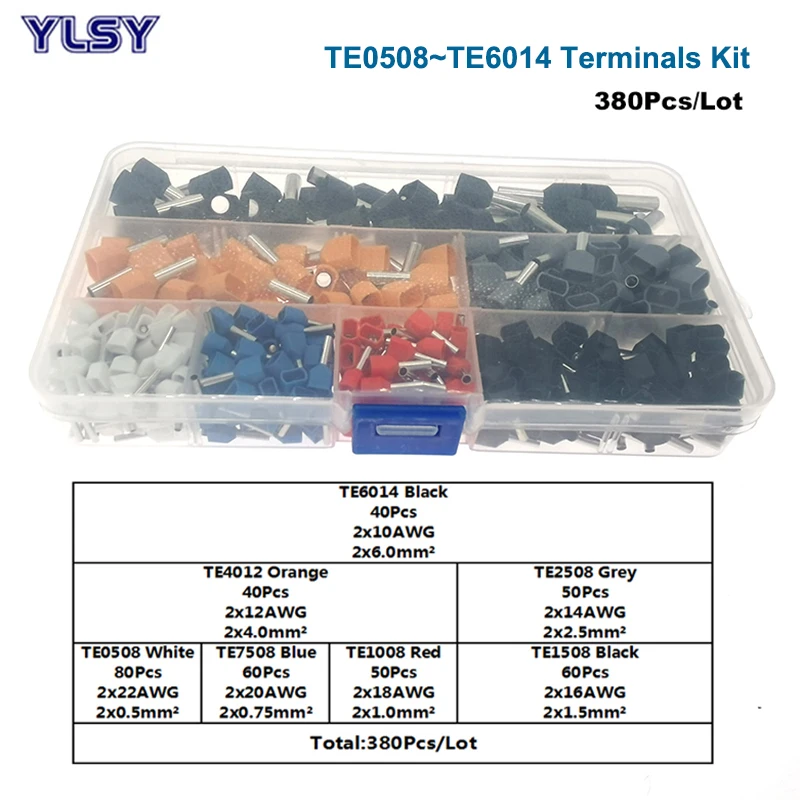 

Dual Wire Tube Ferrule Insulated Crimp Terminal Kit TE0508~TE6014 Double Line Terminales Connector Cable 22-10AWG 380Pcs/Lot