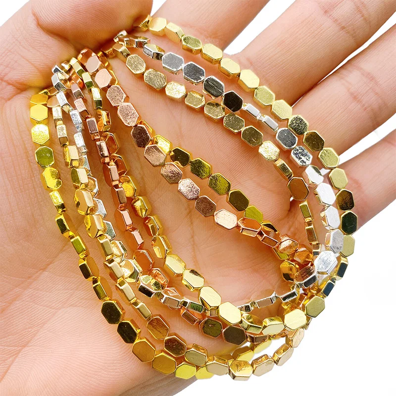 

Gold color Silver Plated Natural Hematite Stone 4X6mm Hexagon Charm Loose Beads For Necklace Bracelet Making DIY Accessories