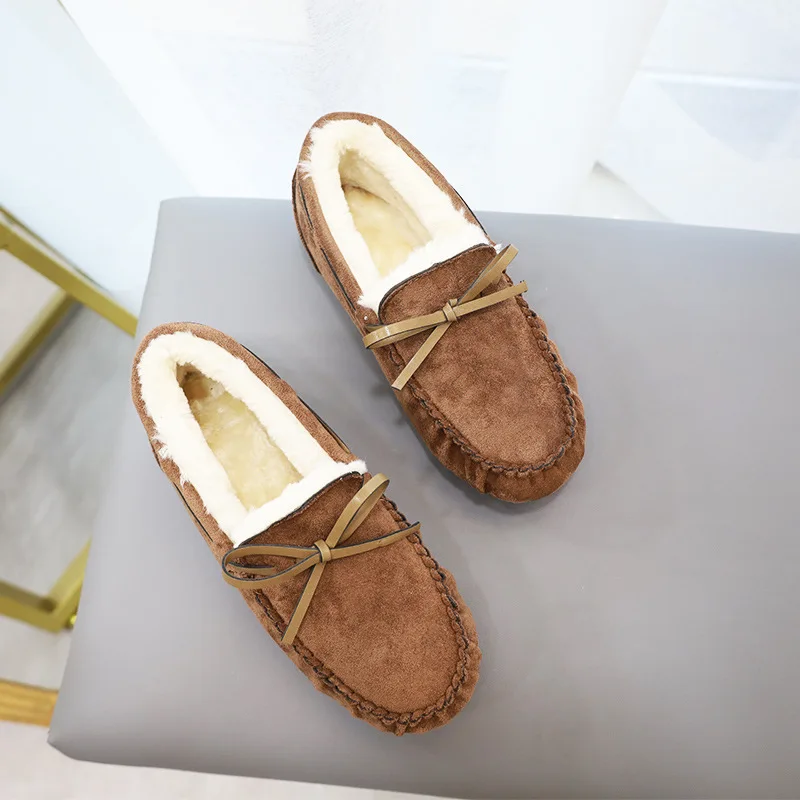 

Winter Women Cotton Shoes Plaid Fur Loafers Warm Plush Pregnant Shoes Woman Flats Bow-knot Fleeces Moccasins Plus Size 35-43