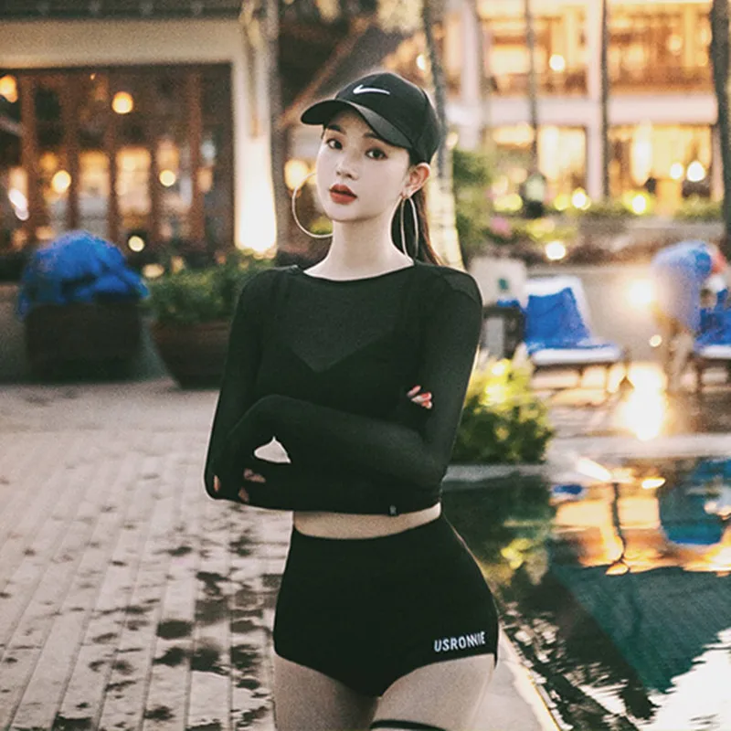 

Factory wholesale swimsuit long sleeve mesh high waist sexy split swimsuit black bikini three-piece hot spring