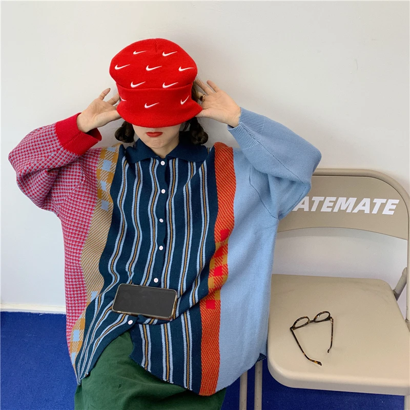 

New Winter Vintage Women Sweater Harajuku Casual Color Matching Cardigan Female Fashionable Oversized Knitted Jacket Mujer