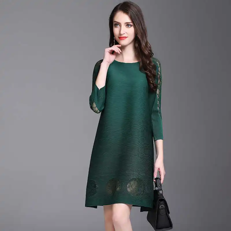 

LANMREM Lace Patchwork Dresses For Women O Neck Three Quarter Sleeve Lady Elegant Summer Dress Streetwear Fashion Tide 2A9112