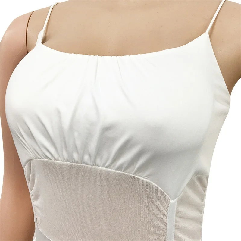 

Off Shoulder Sleeveless Party Catsuit Waist Band Cut Out Sexy Bodycon Jumpsuits Women Mesh leg Spliced Skinny Romper