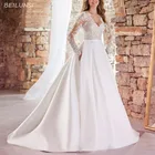 Женское атласное свадебное платье, белое винтажное ТРАПЕЦИЕВИДНОЕ ПЛАТЬЕ из фатина с длинным рукавом и аппликацией, лето 2022