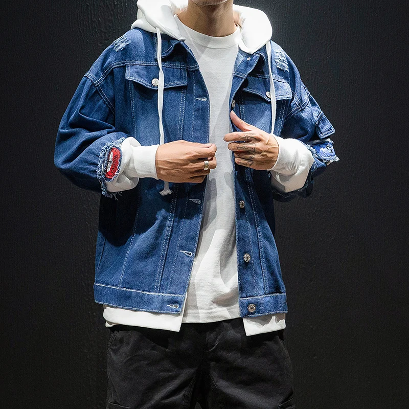

Mens Denim Jackets Mens Autumn New Fashion Casual Loose Hole Moto&Biker Denim Coats High Quality Cotton Patchwork Cowboy Jackets
