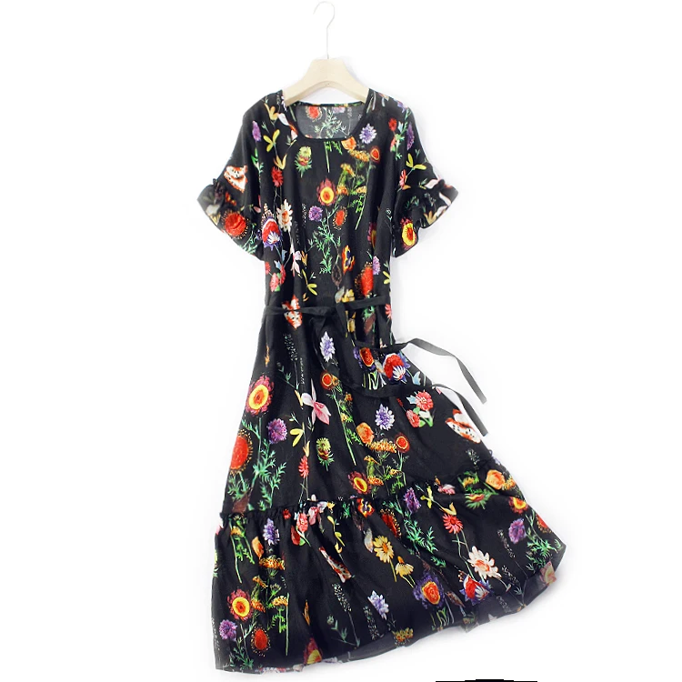 Женское шелковое платье с круглым вырезом Элегантное повседневное винтажное из