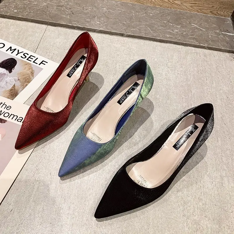 

XIXIYIPIN 2021 Summer Noble Satin 7cm High Heels Women Shoes Generous Solid Pointed Toe Office Woman Pumps Fashion Mules