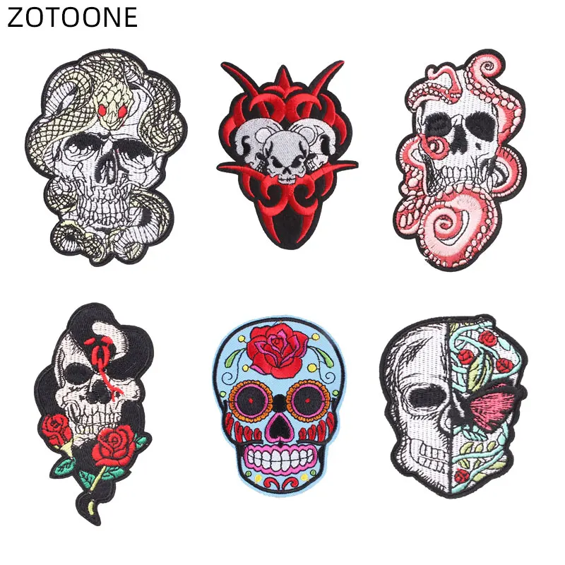 

ZOTOONE Flower Skull Embroidery Patch Sewing Clothing Appliques for Jackets Hats Iron on DIY Patches Stripe Badges for Kids E