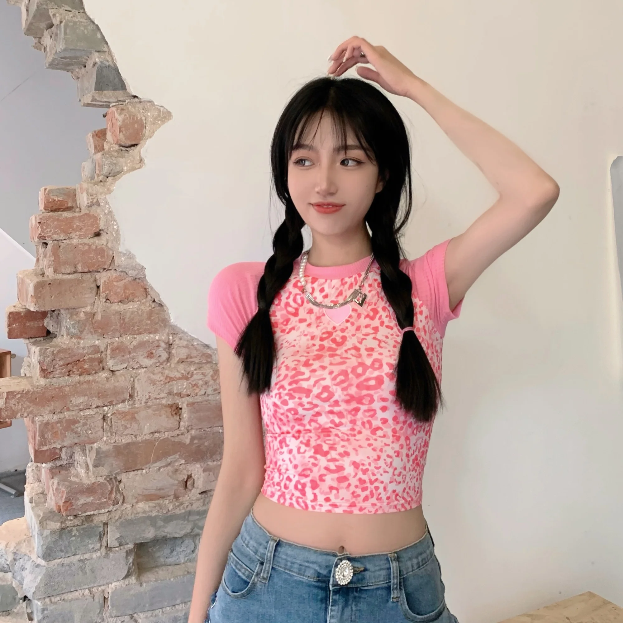 Футболка женская в европейском и американском ретро стиле с леопардовым принтом