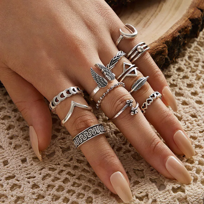 

Aprilwell 12 PCs Gothic Steampunk Moon Angel Wings Black Rings Sets For Women 2021 Clothing Fashion Jewelry Gift To Friend Girl