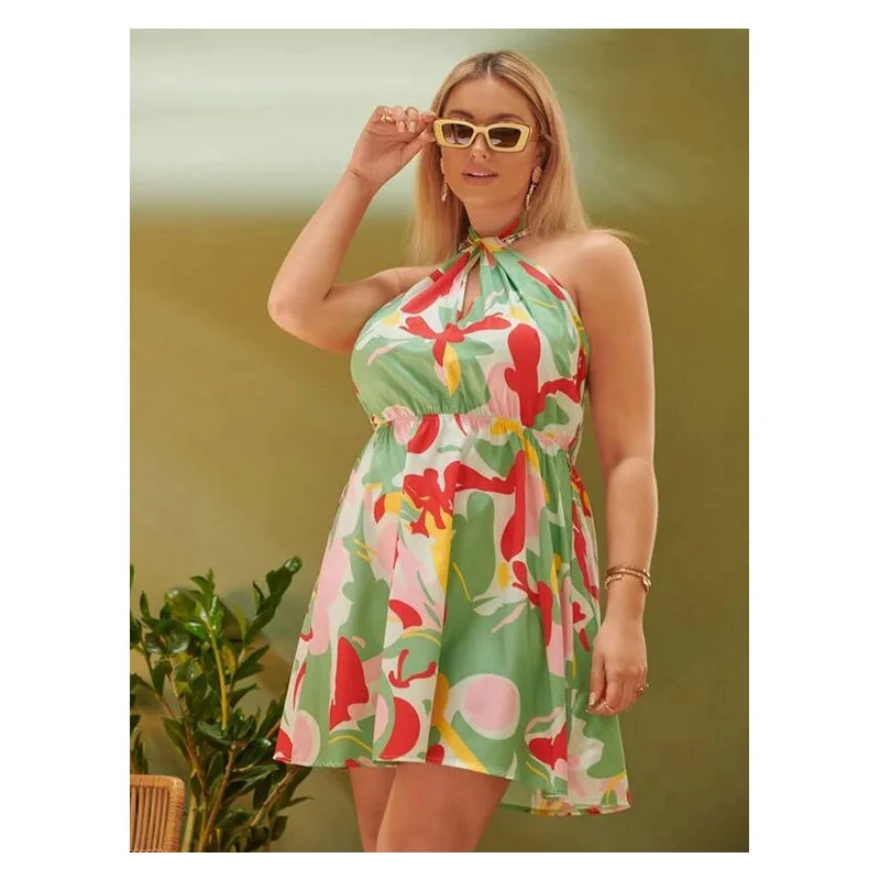 

Summer Printed Slim Hollow Large Size Sexy Strappy Halter Neck Style Large Size Womens Short Dress Beach Skirt