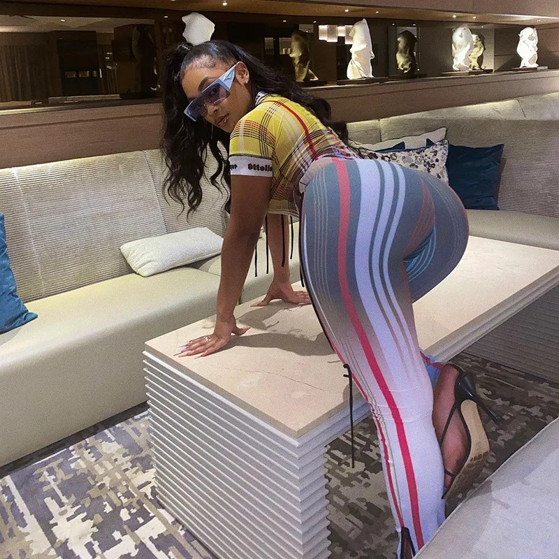 

Summer Criss Cross Striped Casual Side Slit Bodycon Pants For Women Leggings Sporty Streetwear Lady Long Trousers Skinny Outfits