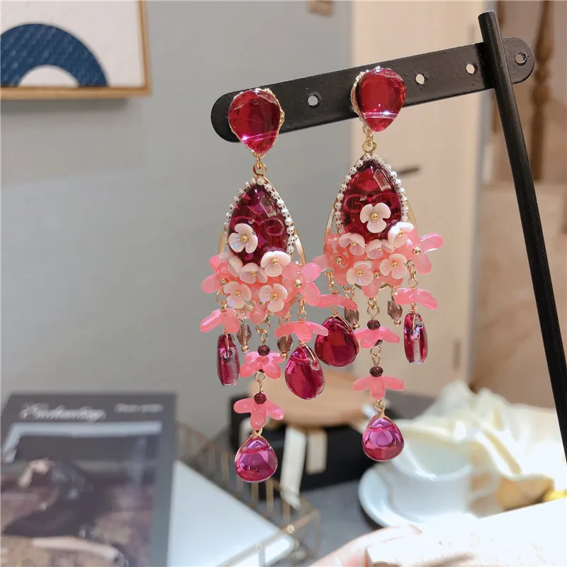 

Korean Style Rose Red Crystal Earrings For Women Waterdrop Flower Earrings Elegant Temperament Sweet Girl Party Jewelry