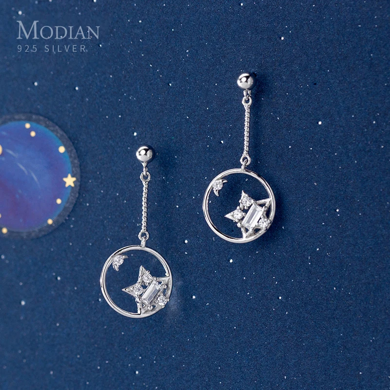 

MODIAN Fashion Geometric Earring for Women 925 Sterling Silver Shiny Zircon Twist Chain Star Round Dangle Earring Fine Jewelry