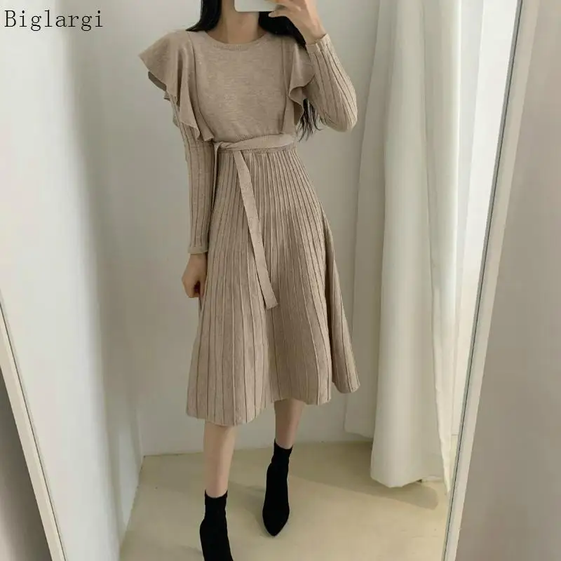 

Ruffle Knitted Sweater Winter Dress Women Ladies Dresses Long Sleeve 2022 Autumn Korean Striped Casual Bandage Kint Dress