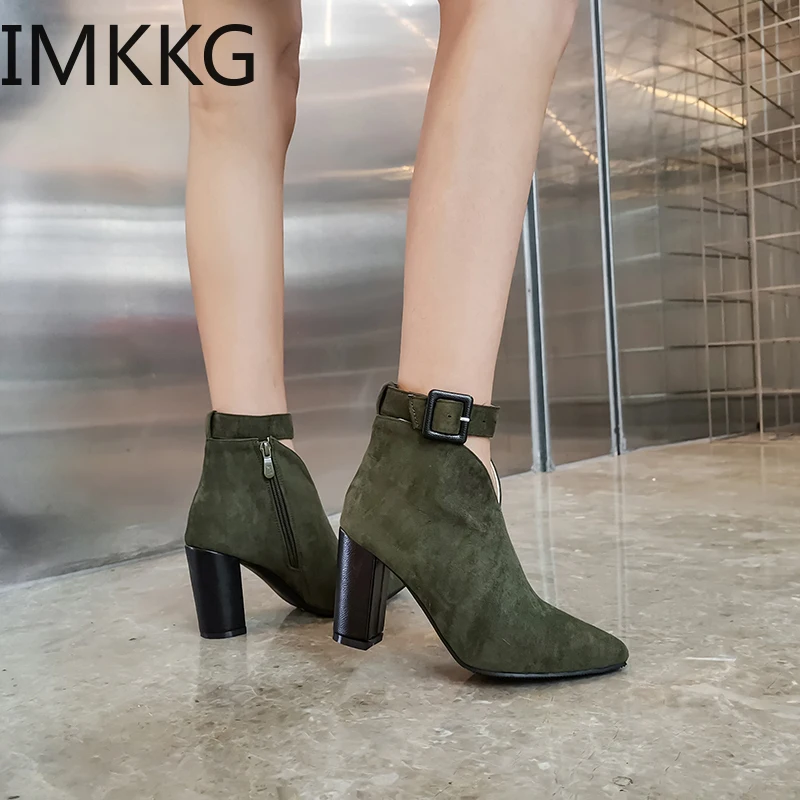 Женские осенне зимние ботильоны из флока на молнии с пряжкой модель 2020 г. Модная