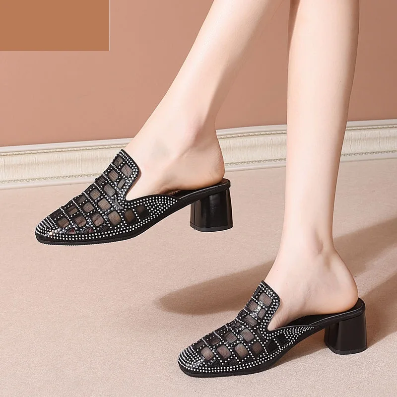 

Mesh Rhinestone Slippers Woman Outerwear Slides Women Summer Heels Shoes Block Heel Footwear Europea Style for Female Gold Black