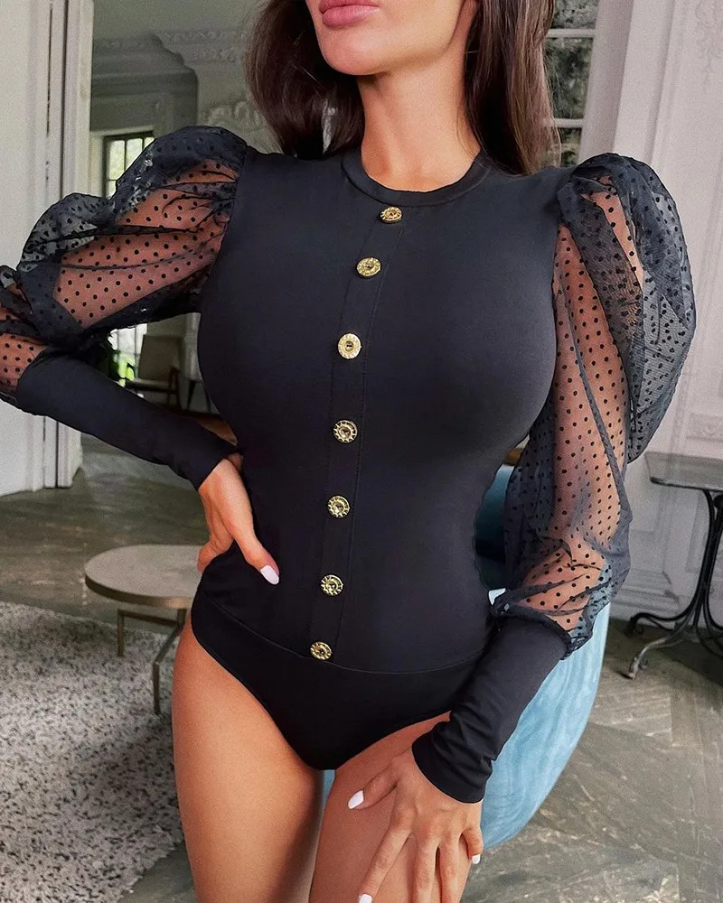 

Women's Bodysuit Dot Mesh Puff Sleeve Button Decor Bodysuit
