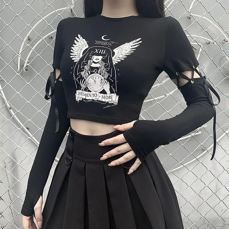 

Autumn Fashion Slim Sexy Dark Gothic Style Print Lace-up Long Sleeve Tee SML O-neck Woman Casual Short T-Shirt Lady Crop Top