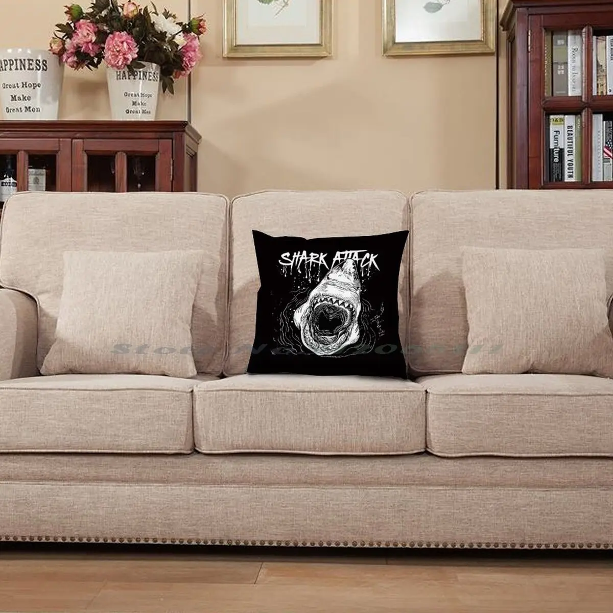 Наволочка из хлопка и льна с изображением акулы атаки | Дом сад