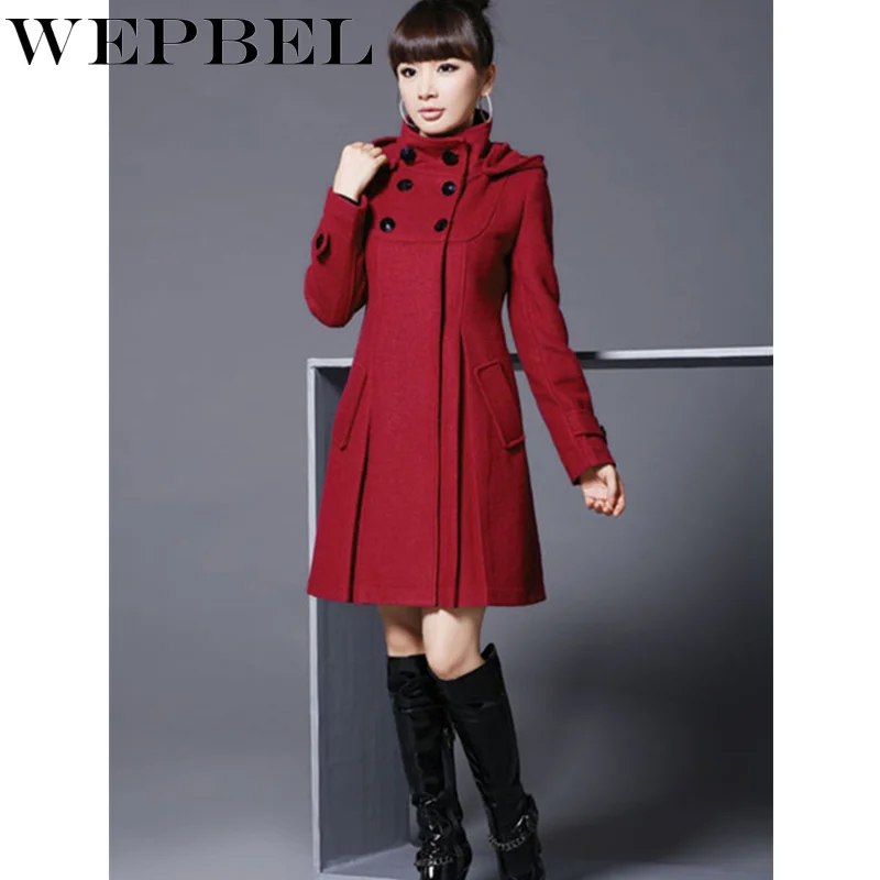 

WEPBEL Women Winter Hooded Woolen Coat with Pocket Ladies Solid Double-breasted Mid-Long Cloak Windbreaker Outerwear