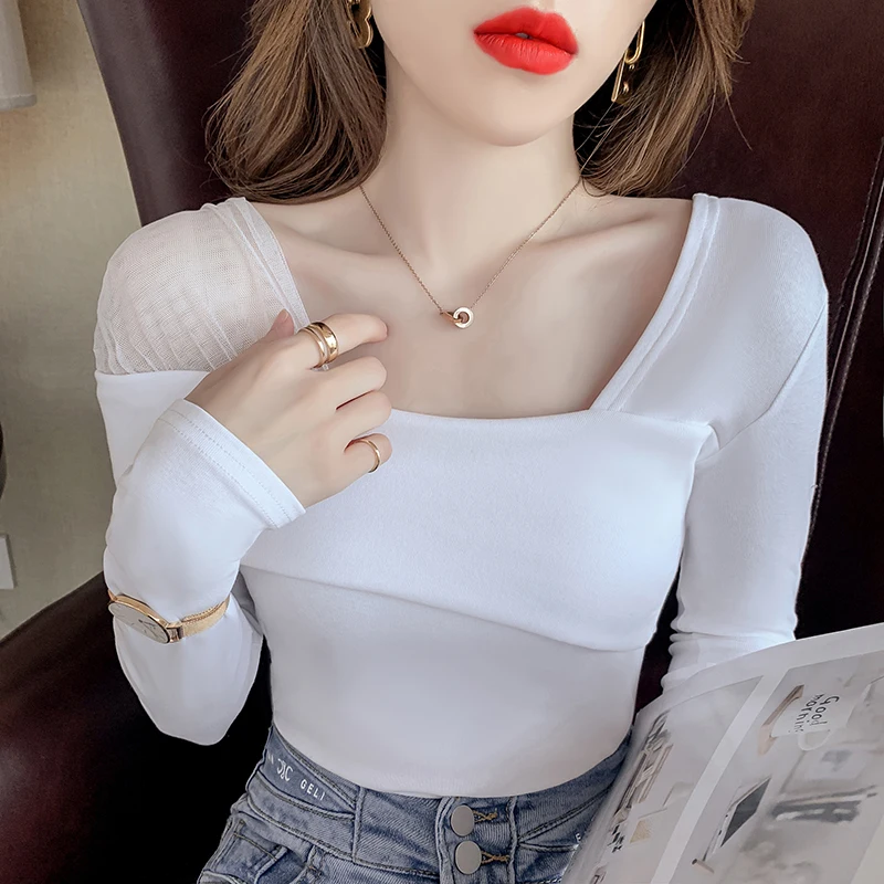 

Office Lady Long Sleeve Shirt 2022 Spring Short Solid T-shirt Square Collar Bottoming Shirt Cotton Slim Clothes Blusas 15807