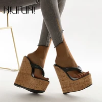 wedge sandals flip flops open toe 15cm high heels thick bottom wood grain stitching black white simple womens shoes summer sexy