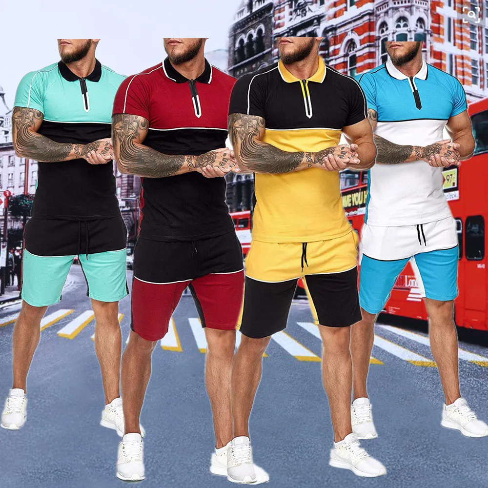 

2021 Men Casual Set Fashion 2 PCS Sweat Suit Short Sleeve zipper T-shirt Shorts Sets Male Sportswear Tracksuit Summer Spor