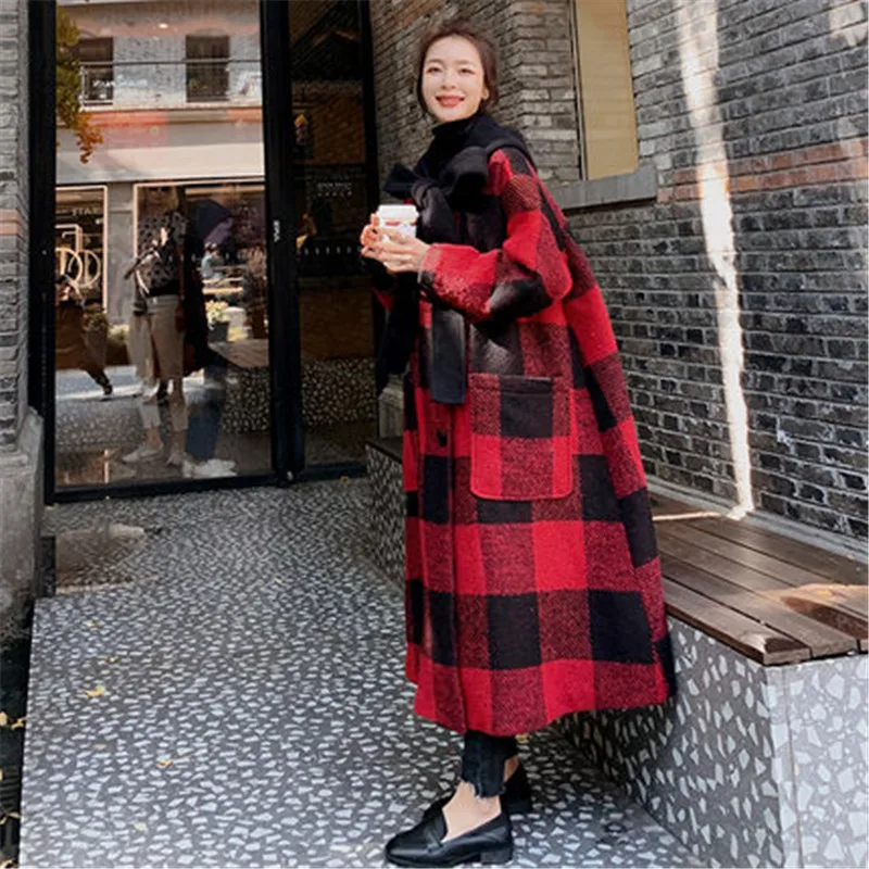 

Fashion Hooded Woolen Coat Women's mid-length over the knee 2020 New Autumn Winter Jackets thick red Plaid Long Wool Coats G536