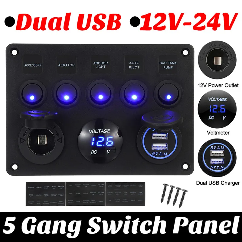 

Dual USB 5 Gang Car Boat Socket Charger LED Voltmeter 12V Power Outlet ON-OFF Toggle Switch Panel for Car Boat Marine RV Truck