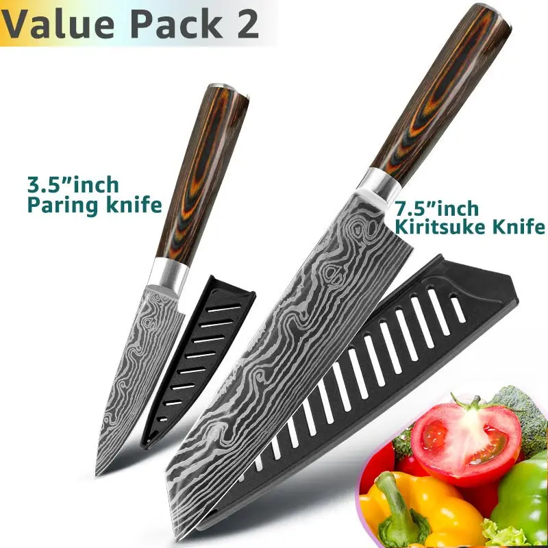 Value Pack 2 Набор кухонных ножей поварские ножи 7CR17 440C из высокоуглеродистой нержавеющей стали дамасский нож для нарезки мяса сантоку набор из 5 предметов - Цвет: Value Pack 2