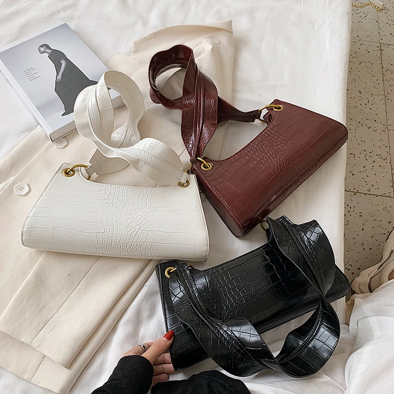 

Elegant Vintage PU Leather Baguette Shape Bags For Women Fashion Stone Pattern Handbag Ruffle Shoulder Crossbody Bag Bolsa Mujer