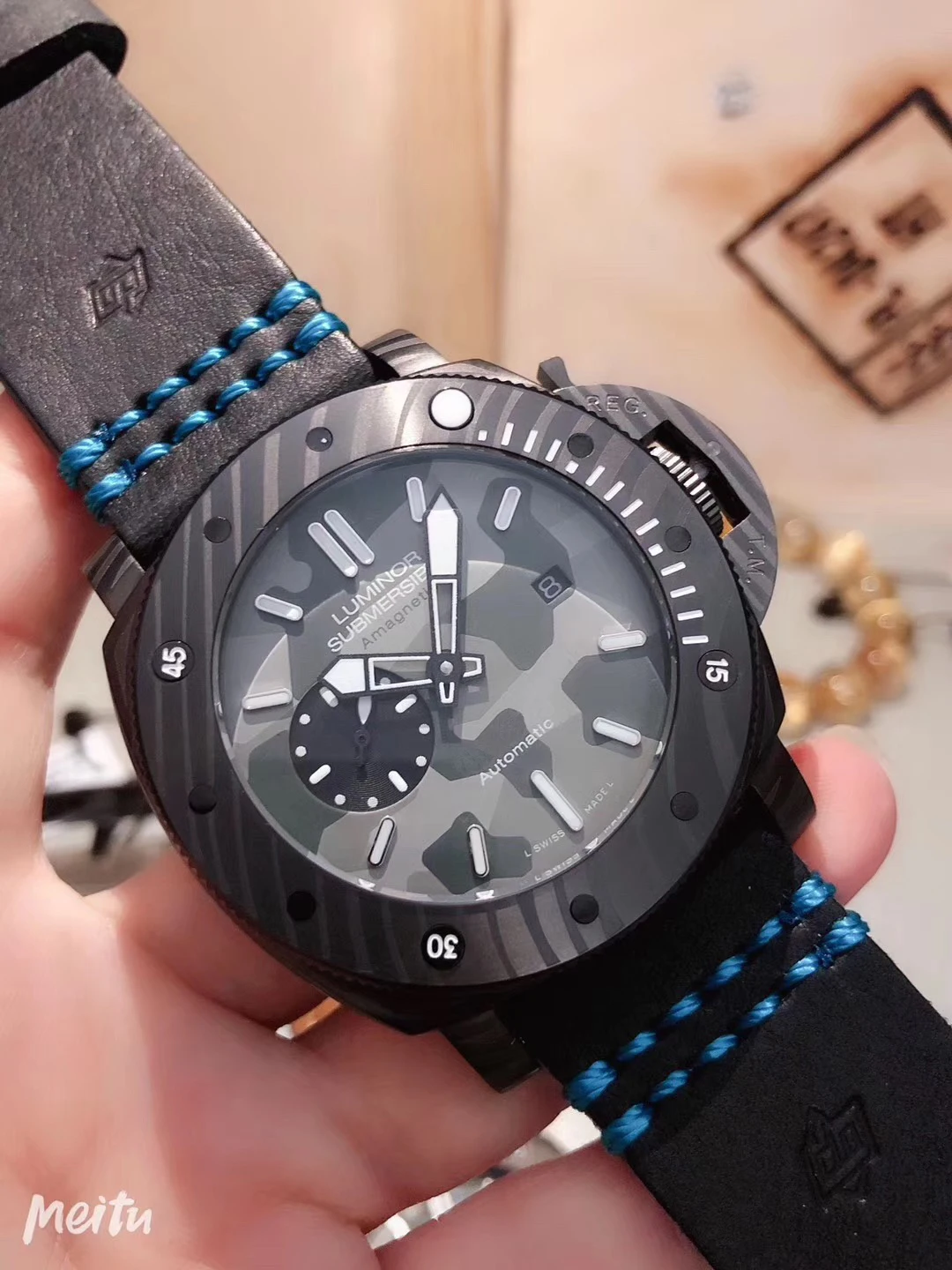 Black Blue Leather Роскошные брендовые Новые Мужские автоматические механические сапфировые Carbotech часы холщовые кожаные резиновые светящиеся спортивные черные часы 47 мм - Цвет: Black Blue Leather