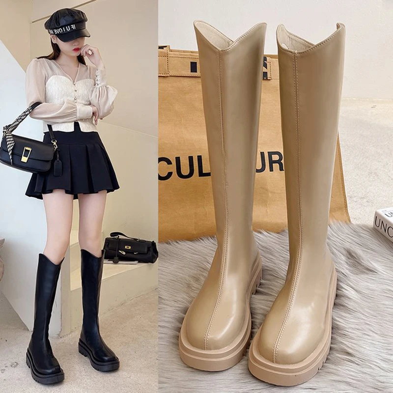 

Platform Knee-high Boots Women Round Toe Back Zip Wedges Knight Boots Autumn Winter New Punk Increase Black Mid-calf Boots Women